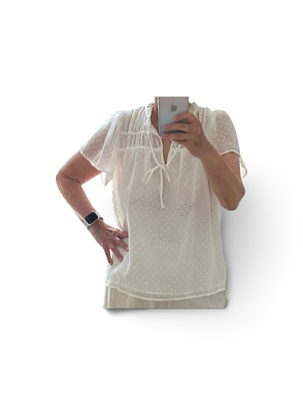 Lightweight White Swiss Dot Tie-Neck Blouse XSP